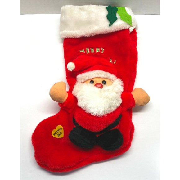 Musical Santa Claus Christmas Stocking Holiday Decor Red Plush 15" Long - Picture 3 of 9